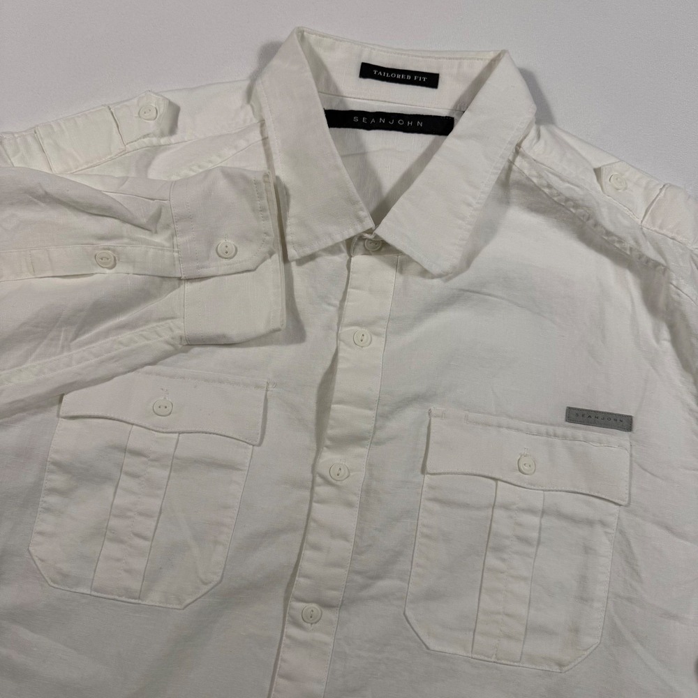 Sean John Tailored Fit Military Safari Shirt Mens XL White Linen Blend EUC